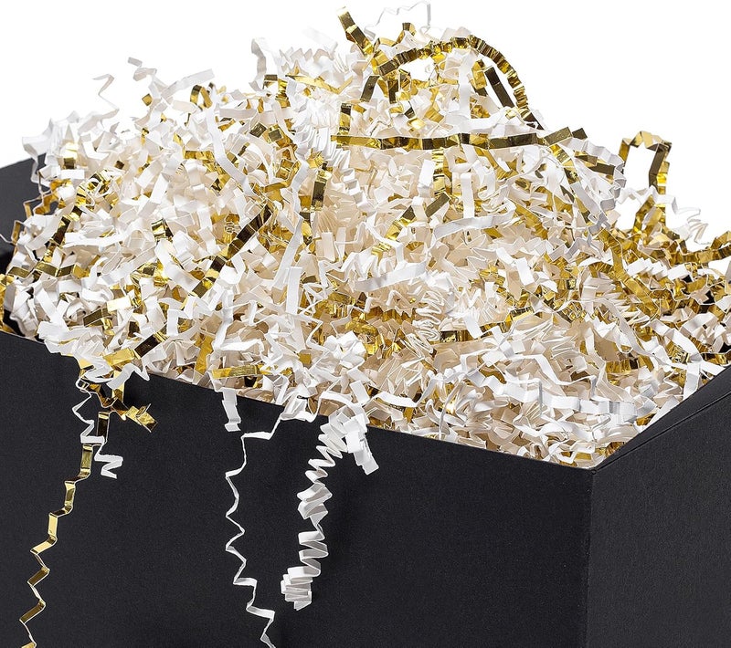 Mefleet 1/2 LB Crinkle Cut Paper Shred Filler 8 oz White & Gold Crinkle Shredded Paper for Gift Box - Gift Basket Bag Filler - Grass Cushion Stuffing for Easter, Mother's day, Birthday Packaging Wrapping - Image 2